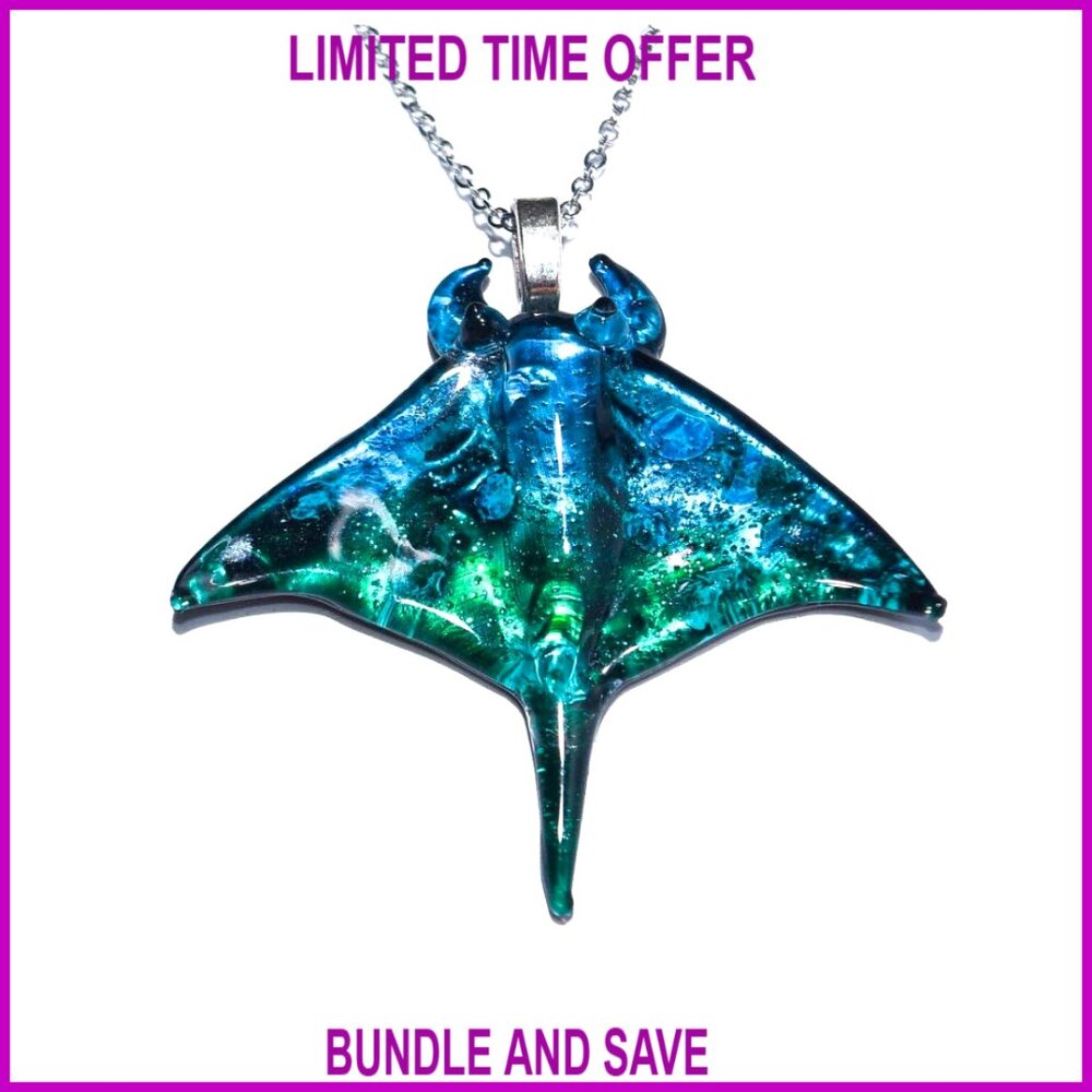Handmade Glass Manta Ray Pendant Necklace, Recycled Materials, Unique Gift